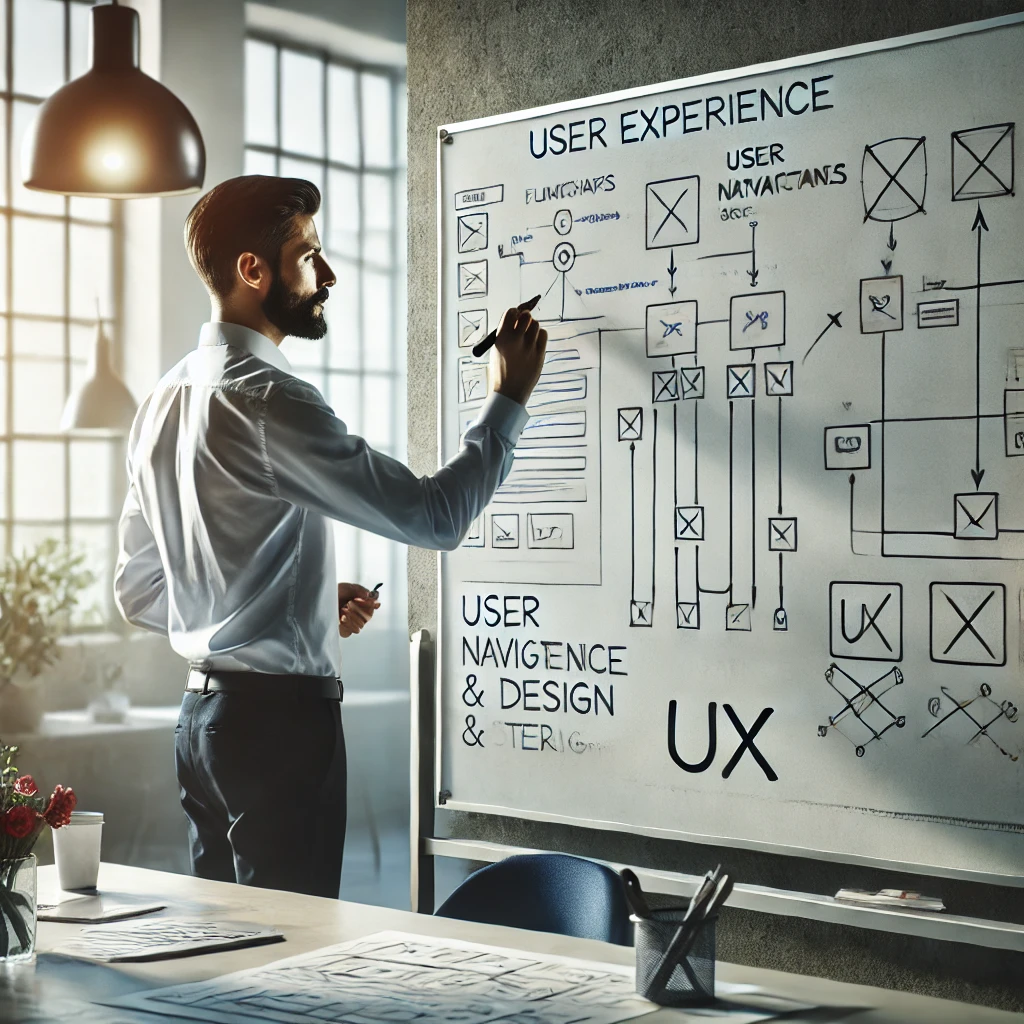 DALL·E 2024-11-01 17.08.43 - A realistic image of a professional in a modern office standing at a whiteboard, sketching out user experience (UX) concepts and design flow. The whit