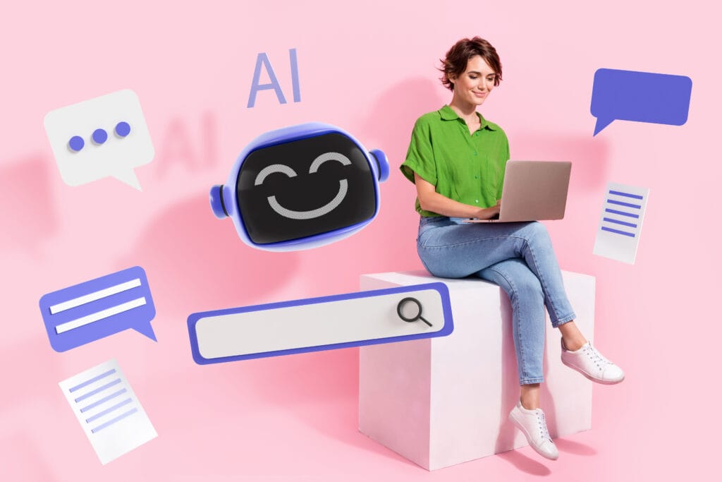 Chatbots in publieke dienstverlening: Handig of hinderlijk? 5 Composite artwork collage image picture of girl use laptop chatting with AI ai robot isolated on creative background
