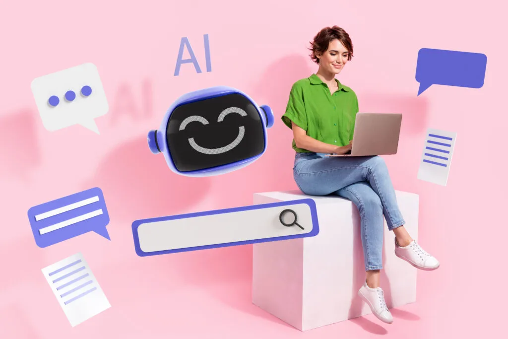 Composite artwork collage image picture of girl use laptop chatting with AI ai robot isolated on creative background