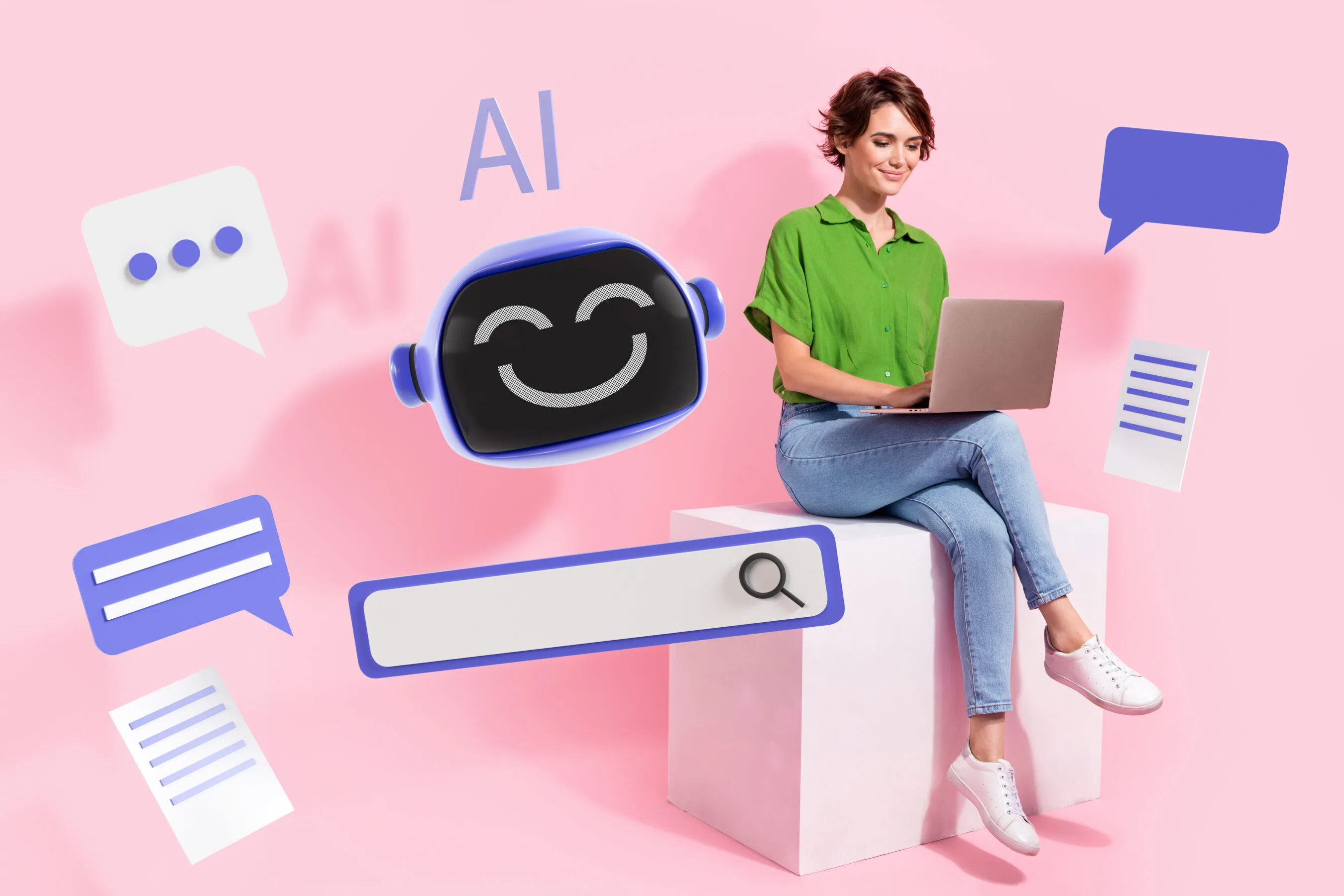Composite artwork collage image picture of girl use laptop chatting with AI ai robot isolated on creative background